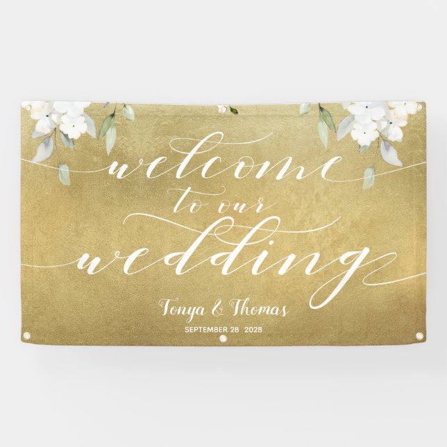 White Calligraphy Gold Floral Welcome Wedding Banner (Horizontal)