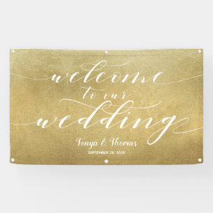 White Calligraphy Gold Satin Welcome Wedding Banner