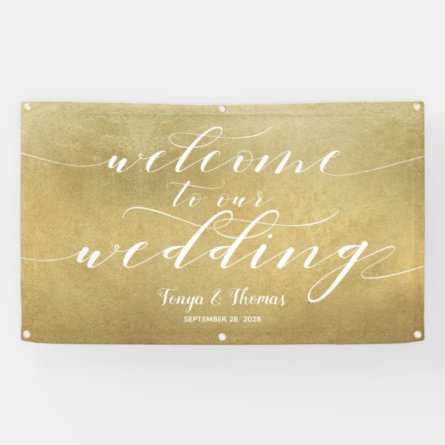 White Calligraphy Gold Satin Welcome Wedding Banner (Horizontal)