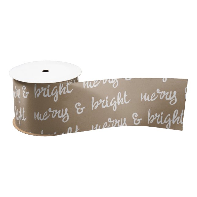 White Calligraphy Merry & Bright Christmas Kraft Satin Ribbon (Spool)