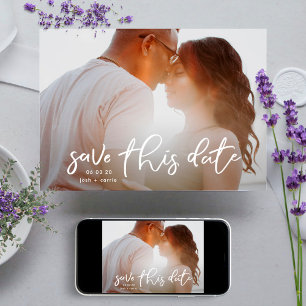 White Calligraphy Overlay Save the Date Photo Card