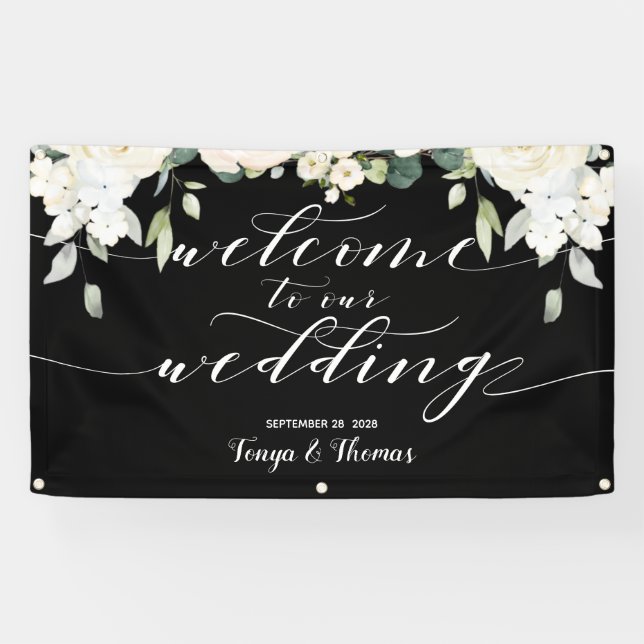 White Calligraphy Peony Black Welcome Our Wedding Banner (Horizontal)