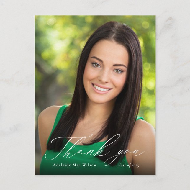 White Calligraphy Photo Graduation Thank You Postcard (Front)