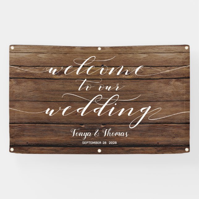White Calligraphy Rustic Barn Wood Welcome Wedding Banner (Horizontal)