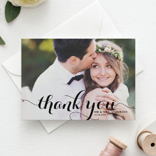 White Calligraphy Script Photo Wedding Thank You Card