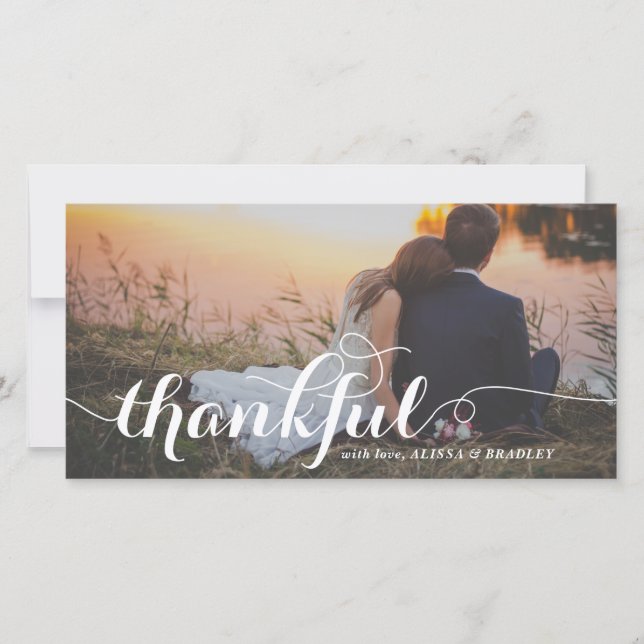 White Calligraphy Script Thankful Photo Wedding Thank You Card (Front)