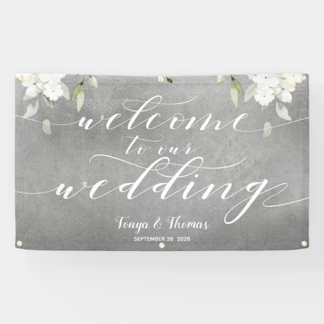 White Calligraphy Silver Floral Welcome Wedding Banner (Horizontal)