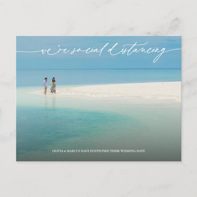 White Calligraphy Social Distancing Wedding Delay Postcard (Front)