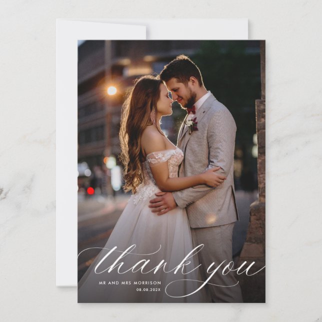 white calligraphy wedding thank you card (Front)