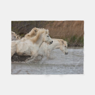 White Camargue Horses Running in Water Fleece Blanket