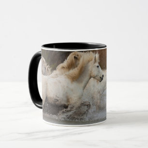 White Camargue Horses Running in Water Mug