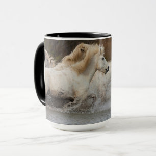 White Camargue Horses Running in Water Mug