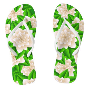 White Camellias and Green Leaves Flip Flops