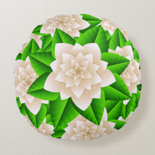 White Camellias and Green Leaves Round Cushion