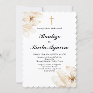 White Camilia flower baptism invitation