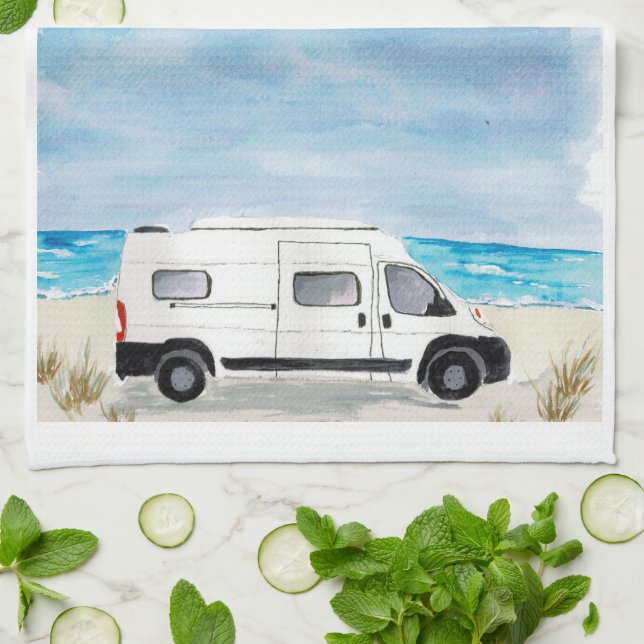 White Camper Van Kitchen Towel RV Theme (Folded)