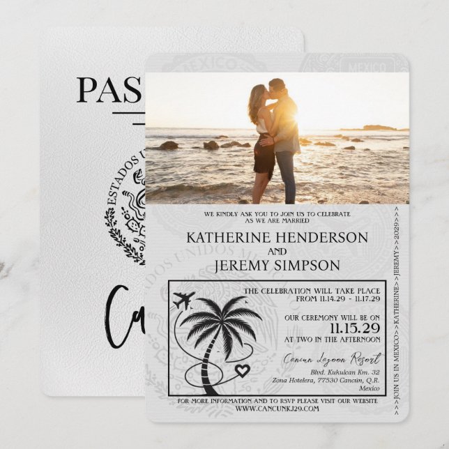 White Cancun Passport Wedding Invitation (Front/Back)