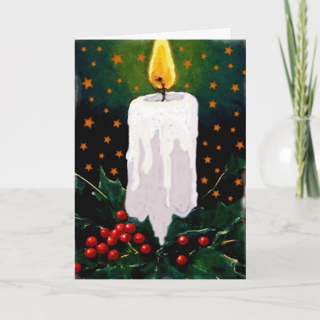 White Candle, Holly Berries, Stars: Christmas Holiday Card (Front)