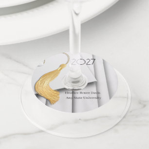 White Cap and Gown with Gold Tassel Wine Glass Tag