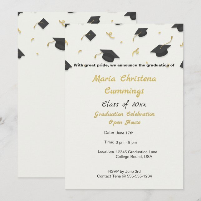 White Cap & Confetti Graduation Announcement (Front/Back)