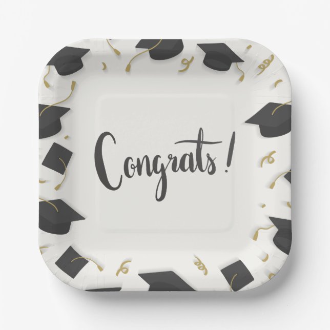 White Cap & Confetti Graduation Congrats Paper Plate (Front)