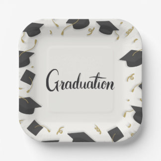 White Cap & Confetti Graduation Paper Plate