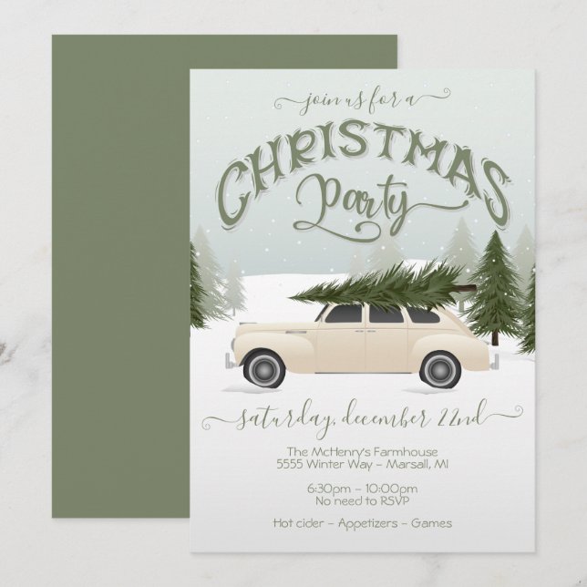 White Car Chistmas Tree Party party Invitation (Front/Back)