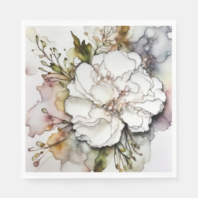 White Carnation Alcohol Ink Abstract Napkin (Front)