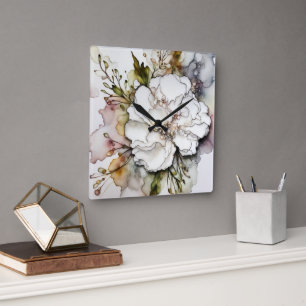 White Carnation Alcohol Ink Abstract Square Wall Clock
