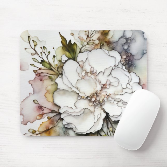 White Carnation Alcohol Ink Mouse Mat (With Mouse)