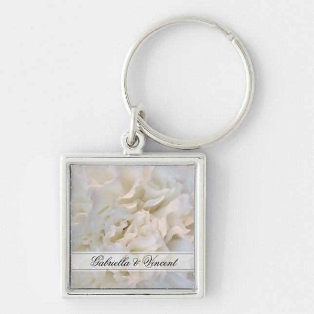 White Carnation Floral Wedding Key Ring (Front)
