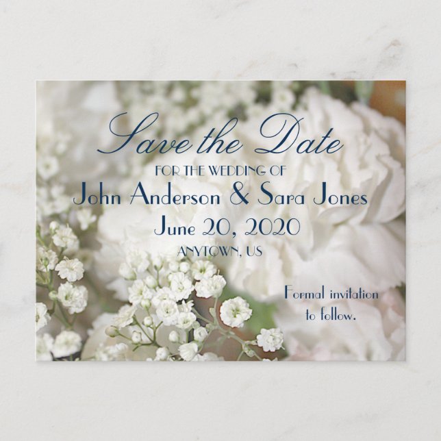 White Carnations & Baby's Breath Save the Dates Announcement Postcard (Front)