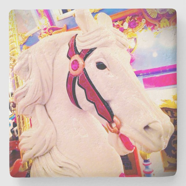 White carousel merry-go-round horse photo colourfu stone coaster (Front)