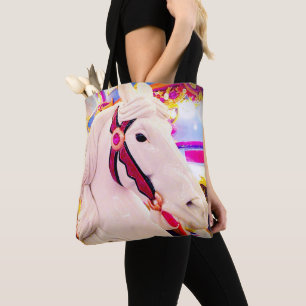 White carousel merry-go-round horse photo colourfu tote bag