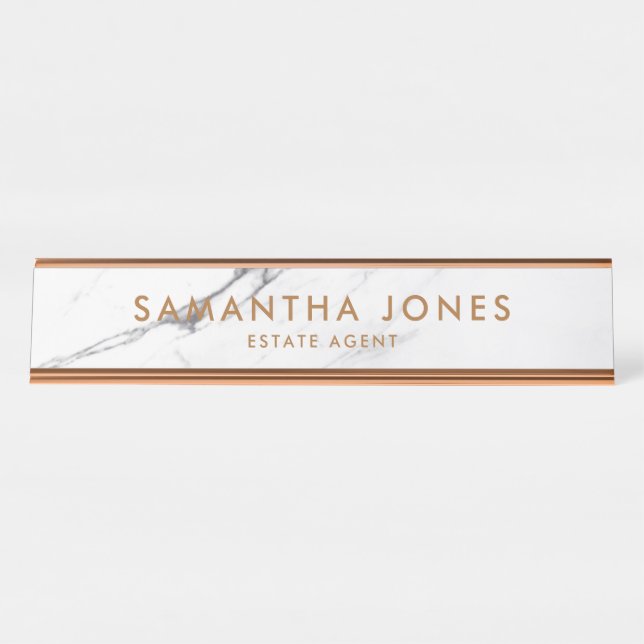 White Carrara Marble Copper Classic Personalised Desk Name Plate (Front)