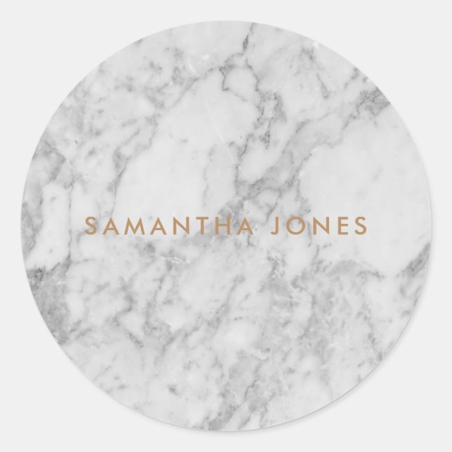 White Carrara Marble Gold Classic Personalised Classic Round Sticker (Front)