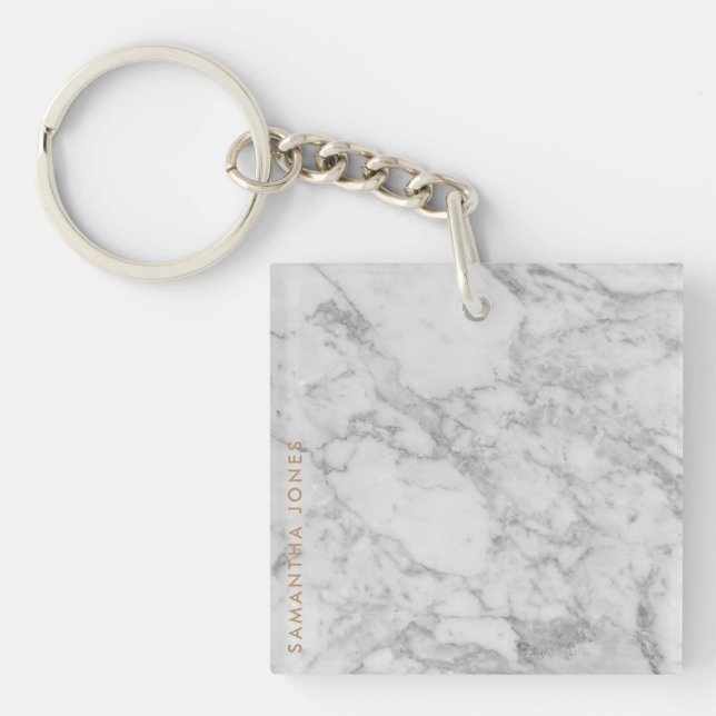 White Carrara Marble Gold Classic Personalised Key Ring (Front)