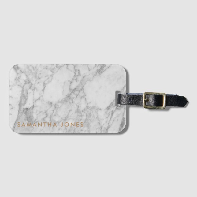 White Carrara Marble Gold Classic Personalised Luggage Tag (Front Horizontal)
