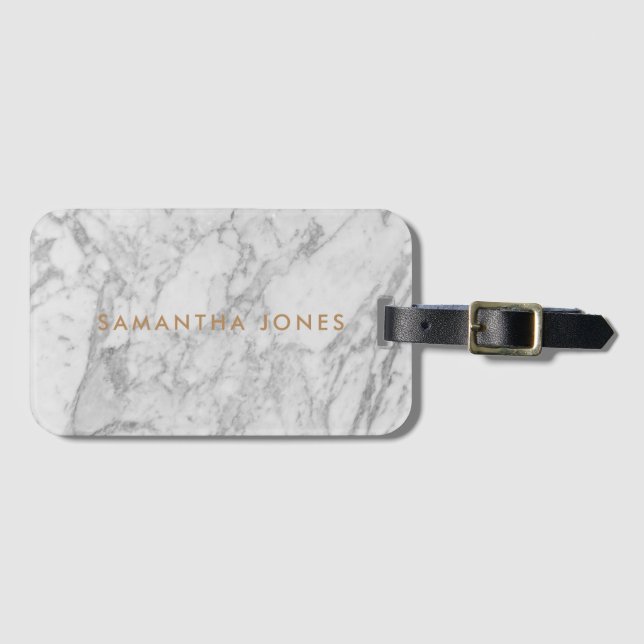 White Carrara Marble Gold Classic Personalised Luggage Tag (Front Horizontal)