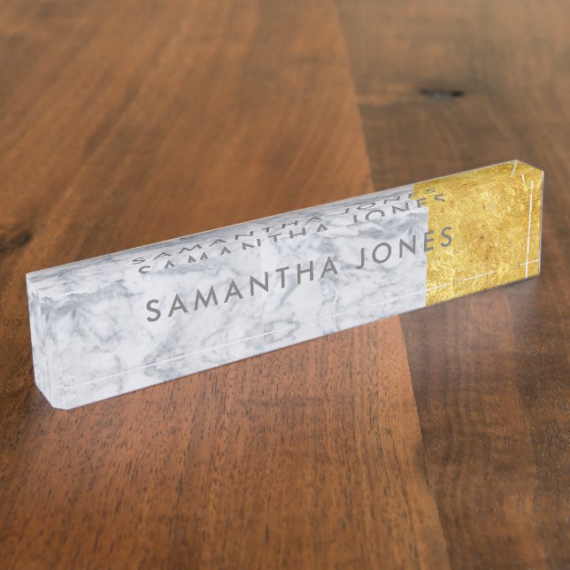 White Carrara Marble Gold Classic Personalised Nameplate (Side)