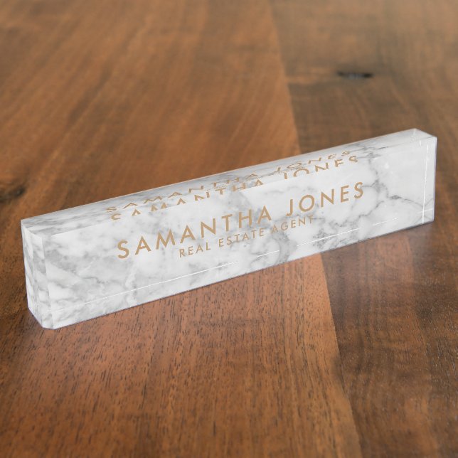 White Carrara Marble Gold Classic Personalised Nameplate (Side)