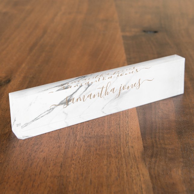 White Carrara Marble Gold Classic Personalised Nameplate (Side)