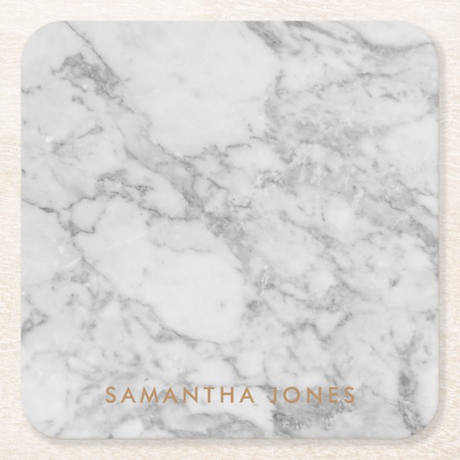 White Carrara Marble Gold Classic Personalised Square Paper Coaster (Front)