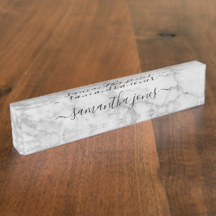 White Carrara Marble Gold Classic Script Nameplate