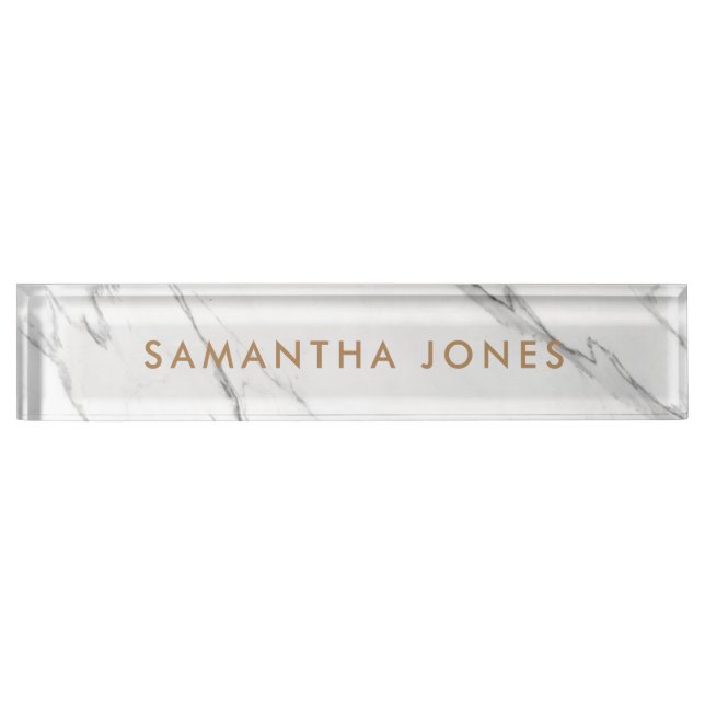 White Carrara Marble Gold Personalised Executive Nameplate (Front)