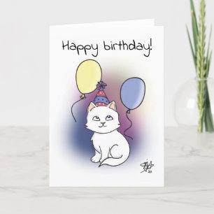 White Cartoon Cat with Balloons Happy Birthday Card