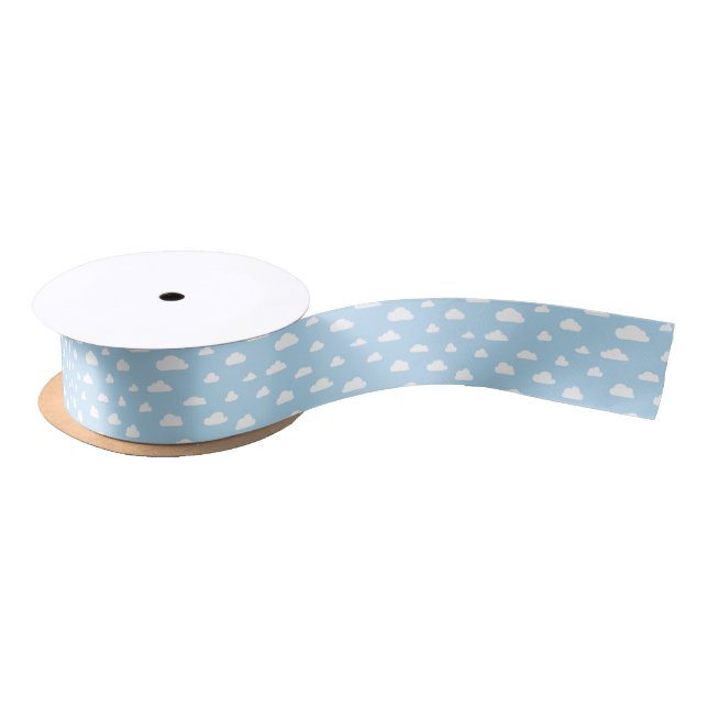 White Cartoon Clouds on Blue Background Pattern Satin Ribbon (Spool)