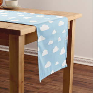 White Cartoon Clouds on Blue Background Pattern Short Table Runner