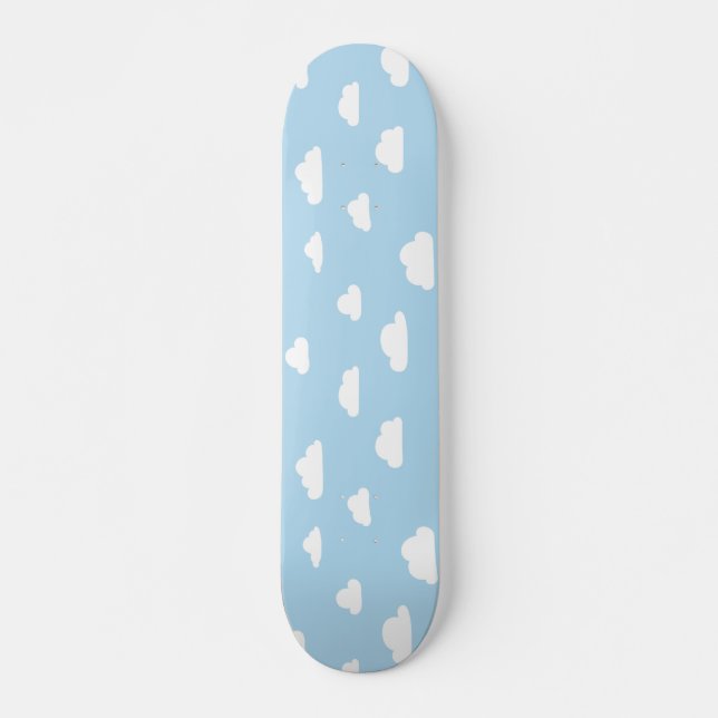 White Cartoon Clouds on Blue Background Pattern Skateboard (Front)