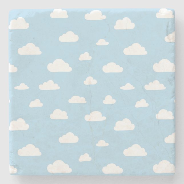 White Cartoon Clouds on Blue Background Pattern Stone Coaster (Front)